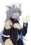  1girl absurdres animal_ears arknights black_coat black_dress breasts buttons coat cowboy_shot dress gloves grey_eyes grey_gloves grey_hair hair_between_eyes hand_up highres lappland_(arknights) lappland_(refined_horrormare)_(arknights) long_hair long_sleeves looking_at_viewer lower_teeth_only medium_breasts natoriusu_sansei official_alternate_costume open_clothes open_coat open_mouth scar scar_across_eye simple_background smile solo teeth very_long_hair waving white_background wolf_ears 