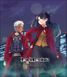  1boy 1girl 2004 archer_(fate) archived_source arm_at_side artist_name black_hair black_pants black_ribbon black_shirt black_skirt black_sky blue_eyes brown_pantyhose brown_vest building buttons cape chinese_knot city city_lights clouds coat collar collared_coat collared_shirt collared_shrug commentary_request copyright_notice covered_abs curtained_hair dark-skinned_male dark_skin dated dress_pants dress_shirt english_text fate/stay_night fate_(series) fingerless_gloves fog frown full_moon gloves h2so4 hair_ribbon hair_slicked_back hand_on_own_hip high_collar korean_commentary legs_apart long_hair long_sleeves may medium_skirt metal_collar metal_plate moon night night_sky open_clothes open_coat pants pantyhose parted_bangs pocket red_cape red_coat red_light red_ribbon red_shrug red_sleeves ribbon shirt shrug_(clothing) skirt sky standing striped_ribbon tall_male tassel tohsaka_rin twintails type-moon unbuttoned undershirt vest waist_cape wavy_hair web_address white_hair white_shirt wing_collar 