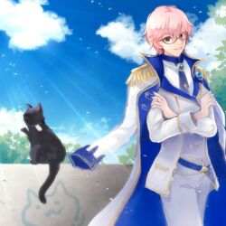  1boy black_cat blue_eyes blue_necktie blue_sky buttons cat closed_mouth clouds coat coat_on_shoulders commentary_request cowboy_shot day epaulettes glasses gobaku_no_hito grey-framed_eyewear jacket looking_at_viewer male_focus necktie outdoors pants pink_hair ragnarok_masters ragnarok_online shirt short_hair sky smile solo standing white_coat white_jacket white_pants white_shirt 