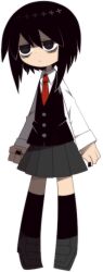  1girl @_@ bags_under_eyes black_hair black_socks black_vest empty_eyes funamusea funamusea_(artist) grey_skirt kurokawa_nataka mogeko_castle necktie official_art red_necktie school_uniform short_hair simple_background skirt socks solo standing vest white_background 