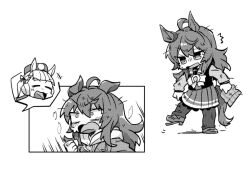  +++ 2girls ^^^ ahoge anger_vein animal_ears beanie beer_hsk bow chibi clenched_hand closed_eyes commentary_request damaged ear_bow ear_covers gold_ship_(umamusume) greyscale hair_between_eyes hat holding holding_unworn_clothes holding_unworn_hat horse_ears horse_girl horse_tail long_sleeves messy_hair mini_hat monochrome multiple_girls nakayama_festa_(umamusume) open_mouth pants pants_under_skirt pleated_skirt puffy_long_sleeves puffy_sleeves school_uniform shirt shoes skirt striped_clothes striped_headwear tail tracen_school_uniform track_pants umamusume unworn_hat unworn_headwear v-shaped_eyebrows vertical-striped_clothes vertical-striped_headwear white_background 