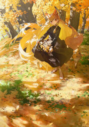  1girl animal_ears autumn barefoot black_dress blush closed_mouth commentary_request day dress fox fox_ears fox_girl fox_tail full_body highres leaf long_hair long_sleeves orange_hair original outdoors potg_(piotegu) red_eyes skirt_hold solo standing tail 