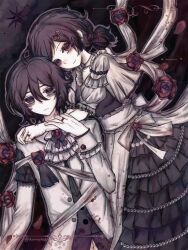  1boy 1girl aegyo_sal alternate_costume andrew_graves anmo418 ascot ashley_graves beads black_hair black_ribbon blood blood_on_clothes brother_and_sister buttons chinese_commentary commentary_request double-parted_bangs dress flower frilled_dress frilled_sleeves frills green_eyes hair_between_eyes hair_ornament hand_on_another's_arm highres jacket jewelry long_dress long_sleeves looking_at_viewer medium_hair pink_eyes ponytail puffy_short_sleeves puffy_sleeves purple_flower ribbon ring short_hair short_ponytail short_sleeves siblings signature the_coffin_of_andy_and_leyley victorian violet_eyes white_ascot white_jacket 