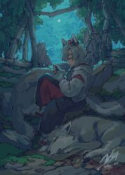  1girl :o absurdres alternate_costume animal animal_ears black_pants closed_eyes commentary crescent_moon doggo_1d34 ear_ornament geta grey_hair grey_hoodie hat highres holding holding_weapon hood hoodie inubashiri_momiji long_sleeves moon nature night outdoors pants parted_lips red_hat red_pants short_hair signature sitting sleeping sleeping_animal sleeping_upright solo symbol-only_commentary tail thick_eyebrows tokin_hat touhou two-tone_pants weapon wolf wolf_ears wolf_girl wolf_tail 