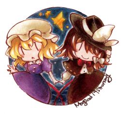  2girls adjusting_clothes adjusting_headwear black_capelet black_hat black_skirt blonde_hair blush bow bowtie brown_hair buttons capelet chibi chibi_only closed_mouth collared_dress contrast_collar dress dress_shirt hair_between_eyes hair_bow hand_on_own_hat hat hat_bow long_dress long_sleeves magical_astronomy maribel_hearn marker_(medium) mob_cap multiple_girls open_mouth puffy_short_sleeves puffy_sleeves purple_dress red_bow red_bowtie sanwa_no_jako_(daikichi_club) shirt short_hair short_sleeves skirt smile star_(symbol) touhou traditional_media usami_renko white_background white_bow white_hat white_shirt |_| 