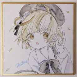  1girl absurdres beret black_bow black_hat blush bow brown_eyes brown_hair collared_shirt commentary_request flower hair_flower hair_ornament hand_up hat hatoba_tsugu highres open_mouth photo_(medium) sha2mo shikishi shirt signature solo suspenders traditional_media tsugu_(vtuber) virtual_youtuber white_flower white_shirt 