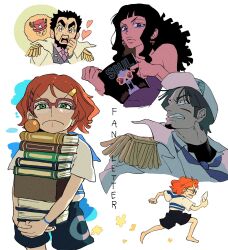  2boys 2girls barefoot benevolent_king_of_the_waves black_hair black_shorts book bookstore_part-timer brook_(one_piece) closed_mouth coat commentary elder_marine_brother facial_hair food fruit glasses hair_ornament hairclip hat heart hiems_xii highres holding holding_book holding_letter letter long_hair mandarin_orange marine_uniform_(one_piece) multiple_boys multiple_girls nami's_fangirl one_piece one_piece_fan_letter orange_hair puzzle_piece running shirt short_hair shorts tony_tony_chopper white_coat white_hat white_shirt 