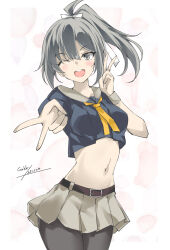  1girl artist_name black_pantyhose brown_eyes commentary_request cowboy_shot dated double_v gakky green_hair grey_sailor_collar grey_skirt hair_ribbon highres kantai_collection looking_at_viewer navel neckerchief necktie one-hour_drawing_challenge one_eye_closed orange_neckerchief orange_necktie pantyhose pleated_skirt ponytail ribbon sailor_collar school_uniform serafuku skirt smile solo v white_background white_ribbon yuubari_(kancolle) yuubari_kai_ni_(kancolle) 