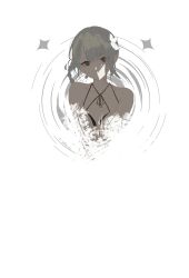  1girl absurdres bare_shoulders blunt_bangs braid braided_hair_rings breasts datharuss flower grey_eyes grey_hair hair_between_eyes hair_flower hair_ornament hair_rings hashtag-only_commentary highres kaine_(nier) long_hair looking_at_viewer medium_breasts negligee nier_(series) parted_bangs solo upper_body white_background white_flower 