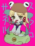  1girl animal blonde_hair blue_nails bow brown_headwear chibi collared_shirt dress facial_tattoo frog frog_girl hair_bow hair_ornament hat highres horizontal_pupils long_sleeves long_tongue medium_hair moriya_suwako nail_polish open_mouth pink_background purple_dress red_bow saliva shirt sidelocks simple_background sitting sitting_on_animal smile tattoo thigh-highs tongue tongue_out touhou translation_request white_shirt white_thighhighs whoru wide_sleeves yellow_eyes 