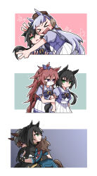  >_< 4girls :d animal_ears arm_hug beanie beer_hsk black_capelet black_gloves black_hair black_jacket blue_bow blue_jacket bow breasts brown_hair brown_hat bunny_ears_prank capelet closed_eyes closed_mouth commentary_request ear_bow ear_covers ears_through_headwear fingerless_gloves gloves gold_ship_(umamusume) green_eyes grey_hair grey_hat hair_between_eyes hat highres horse_ears horse_girl horse_tail hug jacket kin'iro_ryotei_(umamusume) long_hair low_ponytail mask medium_breasts mini_hat mouth_mask multiple_girls outline parted_lips pleated_skirt ponytail puffy_short_sleeves puffy_sleeves purple_bow purple_shirt school_uniform shirt short_sleeves skirt smile striped_clothes striped_headwear tail tracen_school_uniform umamusume vertical-striped_clothes vertical-striped_headwear very_long_hair violet_eyes white_outline white_skirt xd 