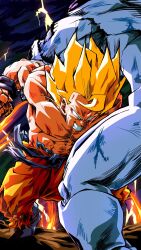  2boys absurdres alien battle blonde_hair blood blood_on_arm blood_on_face blue_shirt clenched_hand clenched_teeth colored_skin commentary_request dragon_ball dragon_ball_z flying frieza full_power_frieza green_eyes highres male_focus medium_hair multiple_boys muscular muscular_male nishitakuart open_mouth orange_pants pants shirt smear_frame son_goku spiky_hair super_saiyan super_saiyan_1 teeth thunder torn_clothes torn_shirt white_skin 