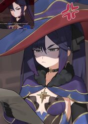  1girl anger_vein black_choker black_gloves black_hair breasts choker derivative_work earrings flasso four-pointed_star frown genshin_impact gloves grey_eyes hat highres holding holding_letter jewelry letter long_hair mona_(genshin_impact) reading reference_inset screenshot_redraw small_breasts star_(symbol) star_earrings witch_hat 