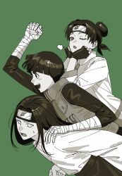 1girl 2boys absurdres bandaged_arm bandaged_hand bandages black_hair black_headband black_shirt blunt_bangs bowl_cut carrying commentary_request double_bun fingerless_gloves flak_jacket furrowed_brow gloves green_background green_theme hair_bun hand_on_another's_shoulder head_on_hands headband highres hyuuga_neji jacket konohagakure_shinobi_uniform konohagakure_symbol korean_commentary light_blush long_hair m0_mo_momo monochrome multiple_boys naruto_(series) one_eye_closed open_mouth parted_bangs parted_lips piggyback rock_lee shirt short_hair smile sweatdrop tenten_(naruto) thick_eyebrows upper_body white_shirt 