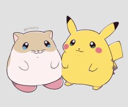  :3 animal animal_focus blue_eyes closed_mouth commentary_request crossover grey_background hamster kirby_(series) ni_re no_humans pikachu pokemon pokemon_(creature) rick_(kirby) simple_background tail twitter_username whiskers 