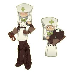  1girl air_zizon belt boots bow bowtie brown_belt brown_boots brown_gloves brown_pantyhose capelet caretaker_(die_of_death) commentary_request die_of_death dress gloves green_bow green_bowtie highres holding_potion korean_commentary multiple_views pantyhose pursuer_(die_of_death) ribbon roblox simple_background veil white_background white_capelet white_dress white_ribbon white_veil 