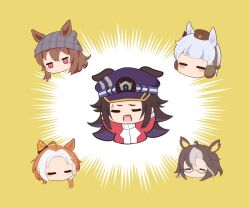  5girls ahoge animal_ears beanie blush brown_hair brown_hat chibi chibi_only closed_eyes commentary_request cropped_torso dream_journey_(umamusume) ear_covers ears_through_headwear fenomeno_(umamusume) glasses gold_ship_(umamusume) gomashio_(goma_feet) grey_hair grey_hat hands_up hat horse_ears horse_girl jacket long_hair long_sleeves multicolored_hair multiple_girls nakayama_festa_(umamusume) no_mouth open_mouth orange_hair orfevre_(umamusume) purple_hat red_jacket short_hair single_ear_cover striped_clothes striped_headwear sweat tracen_training_uniform track_jacket two-tone_hair umamusume vertical-striped_clothes vertical-striped_headwear white_hair yellow_background 
