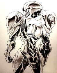  1girl arm_cannon armor clenched_hand commentary_request greyscale helmet highres idetsuki_kouji looking_at_viewer looking_back metroid metroid_prime_4:_beyond monochrome power_armor power_suit_(metroid) samus_aran simple_background traditional_media two-tone_armor vi-o-la_suit weapon white_background 