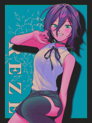  1girl :d absurdres aqua_background arm_behind_back bare_arms bare_shoulders black_border black_choker black_ribbon black_skirt black_thighhighs blush border breasts chainsaw_man character_name choker chromatic_aberration collared_shirt colored_skin commentary_request cowboy_shot double-parted_bangs faux_retro_artstyle film_grain fingernails green_eyes grin hair_between_eyes hair_intakes halftone halftone_background hand_up highres knee_up long_hair_between_eyes low_ponytail menma_(enaic31) miniskirt neck_ribbon outside_border pink_skin ponytail purple_hair reze_(chainsaw_man) ribbon shirt shirt_tucked_in short_hair short_ponytail side_slit signature simple_background skirt sleeveless sleeveless_shirt small_breasts smile solo standing thigh-highs white_shirt 