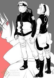  1girl 2boys bike_shorts boots chara_no7 commentary_request facial_mark forehead_mark forehead_protector frown greyscale_with_colored_background hairband haruno_sakura headband highres jacket knee_boots multiple_boys naruto_(series) naruto_shippuuden open-toe_boots pants red_eyes serious sharingan spot_color twitter_username uchiha_sasuke uzumaki_naruto watermark 
