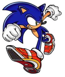  1boy animal_ears blue_fur full_body furry furry_male gloves green_eyes grin hedgehog_boy male_focus official_art red_shoes running shoes smile soap_shoes sonic_(series) sonic_adventure_2 sonic_the_hedgehog spikes spiky_hair uekawa_yuji white_gloves 