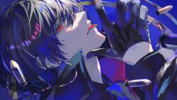  1boy black_gloves black_hair black_jacket black_necktie black_shirt blue_background blurry blurry_foreground bullet chain chain_earrings character_request collared_shirt commentary_request copyright_request ear_piercing earrings eyelashes from_side glint gloves hair_between_eyes hands_up high_collar holding holding_weapon jacket jewelry koujisako long_sleeves looking_at_viewer male_focus necktie open_mouth parted_lips piercing portrait profile red_eyes shirt short_hair sideways simple_background solo teeth tongue tongue_out upper_body virtual_youtuber weapon 