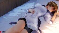  1girl atelier-moo bed bike_shorts blue_sash blush breasts brown_hair closed_eyes covered_navel dutch_angle feet_out_of_frame fever from_above game_cg hair_between_eyes hand_on_own_stomach hand_up hood hood_down hooded_shirt indoors lying medium_breasts official_art on_back parted_lips patty_sole pillow raised_inner_eyebrows sash second-party_source shirt short_hair short_sleeves sick sleeping solo thighs white_shirt yuukyuu_gensoukyoku yuukyuu_gensoukyoku_revival 