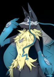 1other ambiguous_gender animal_ears anthro artist_name black_background black_fur black_hair blue_eyes blue_fur blue_hair body_markings dog dog_ears eroskyi eye_mask fur furry humanoid long_hair lucario mega_lucario_z mega_pokemon no_humans pokemon pokemon_(creature) pokemon_legends:_z-a sharp_fingernails signature simple_background solo solo_focus tail white_fur yellow_fur