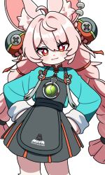  1girl :3 animal_ear_fluff animal_ear_piercing animal_ears braid braided_twintails bright_pupils closed_mouth commentary_request cowboy_shot english_commentary furry furry_female green_shirt hands_on_own_hips head_tilt highres long_hair looking_at_viewer medallion mixed-language_commentary pink_fur pink_hair rabbit_ears rabbit_girl red_eyes samme_hacci screw shirt short_eyebrows simple_background solo thick_eyebrows white_background white_pupils zenless_zone_zero zhao_(zenless_zone_zero) 