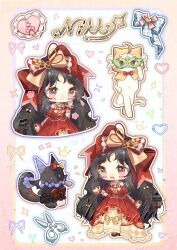  1girl :3 ahoge animal argyle_bow argyle_clothes argyle_dress black_hair border bow bowtie brooch brown_eyes brown_shoes cat chibi chinese_commentary cloak clothed_animal commentary_request commission copyright_name crimson_rhapsody_(infinity_nikki) cropped_legs dress ear_covers esseling_(infinity_nikki) eyelashes facepaint felispirit_sack_(infinity_nikki) footwear_bow frilled_dress frills gown gradient_border green_mask hair_bow hair_ribbon hand_on_mask hand_on_own_cheek hand_on_own_face hand_on_own_hip happy heart heart_brooch high_heels highres hime_lolita hood hood_up hooded_cloak infinity_nikki jewelry lanlan_zhi_jiabing layered_dress light_blush light_particles lolita_fashion long_dress long_hair long_legs looking_down mask masquerade_mask momo_(nikki) momo_longlegs_(infinity_nikki) multiple_hair_bows multiple_views navel nikki_(series) notice_lines off-shoulder_dress off_shoulder open_mouth outline outside_border outstretched_hand parted_bangs pleated_dress pom_pom_(clothes) puffy_short_sleeves puffy_sleeves red_border red_bow red_bowtie red_dress red_ribbon red_wrist_cuffs ribbon sample_watermark scissors shoes short_sleeves smile sparkle standing stiletto_heels tareme too_many_watermarks traditional_bowtie two-tone_border two-tone_bow two-tone_bowtie two-tone_ribbon very_long_hair watermark wavy_hair white_background white_cat white_outline wrist_cuffs yellow_border yellow_bow yellow_bowtie yellow_cloak yellow_dress yellow_ribbon 