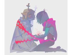  1girl 1other antlers armor black_hair black_unitard blonde_hair blue_skin boots cape colored_skin commentary deer_antlers deer_girl deltarune furry furry_female gloves hashtag-only_commentary highres horns jewelry kris_(dark_world)_(deltarune) kris_(deltarune) noelle_holiday noelle_holiday_(dark_world) pink_cape ring robe short_hair sitting thorn_ring_(deltarune) thorns tv_ant utdr_(toby_fox) weird_route_(deltarune) white_cape white_robe 