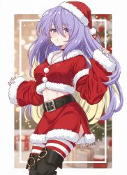  1girl ai-assisted belt black_choker choker christmas christmas_tree commentary english_commentary fuusuke_(fusuke208) gift hat hololive hololive_indonesia long_hair long_sleeves merry_christmas midriff moona_hoshinova puffy_long_sleeves puffy_sleeves purple_hair santa_costume santa_hat striped_clothes striped_thighhighs thigh-highs third-party_ai_edit third-party_edit virtual_youtuber 