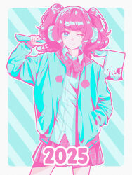  1girl 2025 ;) aqua_background aqua_eyes aqua_jacket aqua_shirt axe blood blood_on_axe border bow bowtie closed_mouth collared_shirt commentary contrapposto cowboy_shot diagonal-striped_background duchess_celestia english_commentary facial_mark film_grain grey_border hand_in_pocket hand_up headphones highres holding holding_axe jacket limited_palette long_sleeves looking_at_viewer medium_hair miniskirt one_eye_closed open_clothes open_jacket original outside_border over_shoulder pink_bow pink_bowtie pink_hair pink_sailor_collar pink_skirt plaid_bow plaid_bowtie plaid_clothes plaid_skirt pleated_skirt pom_pom_(clothes) puffy_long_sleeves puffy_sleeves redrawn sailor_collar shirt simple_background skirt smile solo standing straight-on striped_background twintails weapon weapon_over_shoulder 