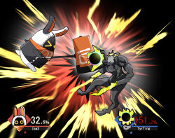  >_< animal_ears bandana bandana_around_neck bangboo_(zenless_zone_zero) black_background caseee999 commentary_request eous_(zenless_zone_zero) ethereal_(zenless_zone_zero) fake_screenshot fighting_game from_side full_body hammer highres hitting holding holding_hammer holding_weapon lightning no_humans orange_bandana parody rabbit_ears super_smash_bros. weapon zenless_zone_zero 
