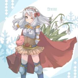  1girl armor belt black_belt black_thighhighs boobplate brown_skirt cape closed_mouth commentary_request cowboy_shot creature cross_of_prontera flower frilled_hairband frills grey_eyes grey_hair hairband holding holding_creature kawachi_(hina) long_hair looking_at_viewer lord_knight_(ragnarok_online) lowres miniskirt one_eye_closed pauldrons poring ragnarok_online red_cape red_hairband shoulder_armor skirt slime_(creature) smile snowflakes solo thigh-highs white_background white_flower 