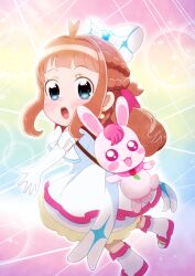 1girl :d :o ahoge arm_bow ascot asukamama89 blue_eyes blunt_bangs blush blush_stickers boots bow braid brown_hair child colorful_background commentary cosplay creature crossover cure_prism cure_prism_(cosplay) dress earrings elbow_gloves fairy fluffy_tail frilled_dress frills gloves hair_bow hair_ornament hair_ribbon half_up_braid halter_dress halterneck healin'_good_precure heart heart_ahoge highres hirogaru_sky!_precure isekai_de_mofumofu_nadenade_suru_tame_ni_ganbattemasu jewelry kakuma_ai layered_dress long_hair looking_at_viewer magical_girl medium_dress nefertima_osphe open_mouth pink_eyes pink_fur pink_ribbon precure rabirin_(precure) ribbon single_earring sleeveless sleeveless_dress smile sparkle sparkle_background sparkling_eyes sphere_earrings teeth upper_teeth_only voice_actor_connection white_ascot white_boots white_bow white_dress white_gloves wing_hair_ornament