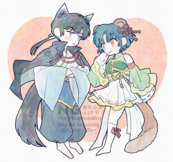  1boy 1girl :< animal_ears artist_name bare_shoulders barefoot bell black_cape black_hair blue_eyes blue_hair blush_stickers brown_tail cape closed_mouth con_sonne eye_contact fox_boy fox_ears fox_tail full_body hair_bell hair_ornament heart heart_background kemonomimi_mode looking_at_another male_focus official_alternate_costume orange_eyes puffy_pants raccoon_ears raccoon_girl raccoon_tail ranma_1/2 saotome_ranma short_hair single_blush_sticker smile tail tendou_akane watermark wide_sleeves 