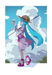  absurdres aqua_eyes aqua_hair blue_sky border bug butterfly_net clouds commentary_request cuffs dragonfly dress hand_net handcuffs hands_up hat hatsune_miku highres kodomo_no_shikumi_(vocaloid) long_hair nekoma_hikaru no_socks outdoors parted_lips pink_dress pink_shoes platform_sandals polka_dot polka_dot_dress sandals shadow shoes short_sleeves signature sky straw_hat sun_hat tree very_long_hair vocaloid white_border 