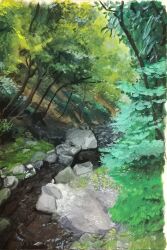  bush commentary forest grass harusa1107 highres hill nature no_humans original painting_(medium) plant rock scenery shadow stream symbol-only_commentary traditional_media tree water 
