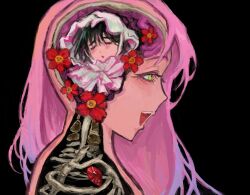  2girls acerphilia alien_stage anatomy black_hair bonnet closed_eyes commentary cross-section english_commentary flower from_side gem green_eyes highres long_hair mizi_(alien_stage) multiple_girls open_mouth pink_hair profile red_flower red_gemstone short_hair skeleton smile sua_(alien_stage) white_bonnet yellow_eyes 