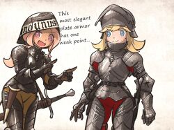  2girls armor blonde_hair blue_eyes breastplate brown_pants brown_shirt closed_mouth commentary ebenholz_(ironlily) english_commentary english_text gauntlets helmet ironlily japanese_armor long_hair looking_at_another looking_at_viewer multiple_girls open_mouth original pants perlweiss_(ironlily) pink_background pink_hair red_pants red_shirt shirt simple_background smile standing sweatdrop sword weapon white_background 