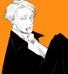  1boy ascot blood blood_on_clothes blood_on_face cape collared_shirt fangs highres jujutsu_kaisen looking_at_viewer male_focus nanami_kento orange_background shirt short_hair solo teeth ukyo384 upper_body vampire 
