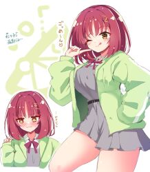  1girl :i ;p belt black_belt blush bow bowtie breasts bright_pupils chibi chibi_inset closed_mouth commentary cowboy_shot dress eyes_visible_through_hair furrowed_brow futamihara_ririko green_jacket grey_dress hair_between_eyes hair_ornament hairclip hakutocake hand_on_own_hip hand_up heart highres index_finger_raised jacket large_breasts limelight_lemonade_jam long_sleeves looking_at_viewer medium_hair nose_blush one_eye_closed open_clothes open_jacket outline parallel_hairclips pleated_dress red_bow red_bowtie red_hair school_uniform signature simple_background smile solo split_mouth straight_hair sweatdrop thighs tongue tongue_out track_jacket translation_request upper_body v-shaped_eyebrows white_background white_outline white_pupils yellow_eyes 
