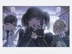  1girl 2boys alternate_universe armin_arlert backpack bag black_bag black_choker black_hair black_shirt blonde_hair border brown_hair choker closed_eyes collared_shirt cross cross_necklace eren_yeager eyewear_on_head furrowed_brow glasses green_skirt grey_eyes hand_on_own_head headphones highres holding holding_phone jewelry laicuihu666 mikasa_ackerman multiple_boys multiple_rings necklace official_alternate_costume open_mouth phone ring rubbing_eyes school shingeki_no_kyojin shirt short_hair short_twintails sidelocks skirt skull_bracelet sweatdrop twintails upper_body white_border white_shirt 