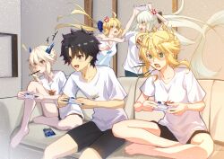  1boy absurdres artoria_caster_(fate) artoria_pendragon_(fate) artoria_pendragon_(lancer)_(fate) artoria_pendragon_(lancer_alter)_(fate) blonde_hair breasts couch crown elden_ring elden_ring_nightreign fate/grand_order fate_(series) fujimaru_ritsuka_(male) highres large_breasts morgan_le_fay_(fate) multiple_girls playing_games playstation_controller shirt toomishou video_game white_shirt 