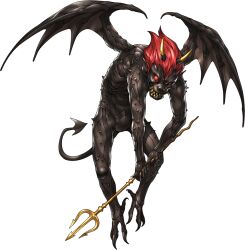  1boy artist_request black_skin colored_skin daemon_(megami_tensei) demon_(megami_tensei) demon_tail demon_wings holding holding_pitchfork horns official_art pitchfork red_eyes red_hair sharp_teeth shin_megami_tensei shin_megami_tensei_v solo spiked_skin spikes tail teeth third-party_source transparent_background wings 