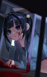  absurdres all_fours bandaid bandaid_on_knee bandaid_on_leg black_eyes black_hair black_shirt blood blood_on_clothes blood_on_face blood_on_hands blunt_bangs blurry blurry_foreground clenched_hand closed_mouth commentary_request desk drawstring feet_out_of_frame from_below frown grey_hoodie hair_bobbles hair_intakes hair_ornament highres hood hood_down hoodie indoors long_sleeves looking_ahead medium_hair miniskirt mole mole_under_eye n._(plaw_01) original paper pink_skirt pleated_skirt puffy_long_sleeves puffy_sleeves school_desk shirt sidelocks sielocks skirt sleeves_past_wrists twintails under_table 