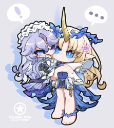 ! ... 2girls barefoot black_dress blonde_hair blue_eyes blue_flower breasts cantarella_(wuthering_waves) carrying chibi chibi_only closed_mouth commentary_request crown_of_thorns dog-san dress fleurdelys_(wuthering_waves) flower hair_between_eyes hair_flower hair_ornament hand_up headdress high_heels highres horns long_hair long_horns looking_at_another medium_breasts mole mole_under_eye multiple_girls parted_bangs princess_carry purple_hair shoes single_horn spoken_ellipsis spoken_exclamation_mark tacet_mark_(wuthering_waves) white_dress white_shoes wuthering_waves yellow_horns 