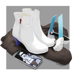  ankle_boots black_pantyhose blue_archive blue_necktie boots commentary_request halo high_heel_boots high_heels highres jacket long_hair long_sleeves mechanical_halo millennium_science_school_logo necktie no_humans noa_(blue_archive) pantyhose phone simple_background suit unworn_boots unworn_pantyhose very_long_hair white_hair white_jacket white_suit xnnagu 