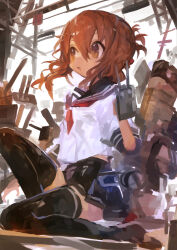  1girl absurdres black_sailor_collar black_skirt black_thighhighs brown_eyes brown_hair commentary full_body hair_between_eyes highres holding holding_walkie-talkie inazuma_(kancolle) kaamin_(mariarose753) kantai_collection miniskirt neckerchief open_mouth pleated_skirt red_neckerchief sailor_collar school_uniform serafuku shirt short_hair short_sleeves sitting skirt smile solo thigh-highs walkie-talkie white_shirt 